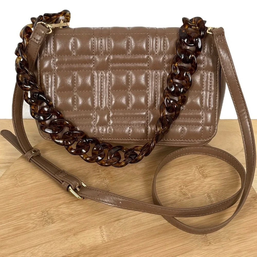 Like Dreams Taupe Quilted Shoulder Bag with Tortoise Chain & Detachable Strap